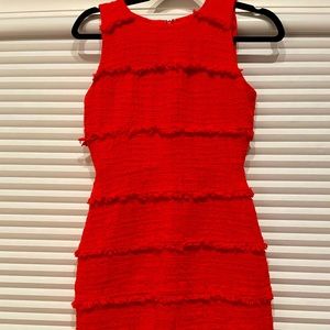 Red J Crew shift dress with fringe detail